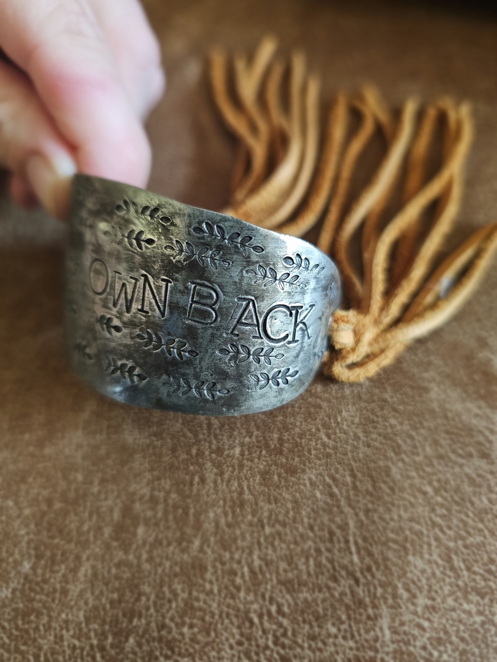Got My Own Back- Silver With Leather Fringe Cuff
